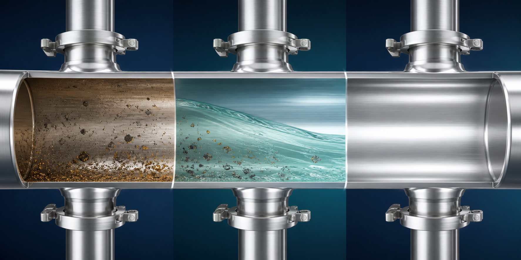 Three-stage sanitary piping cleaning and passivation illustration